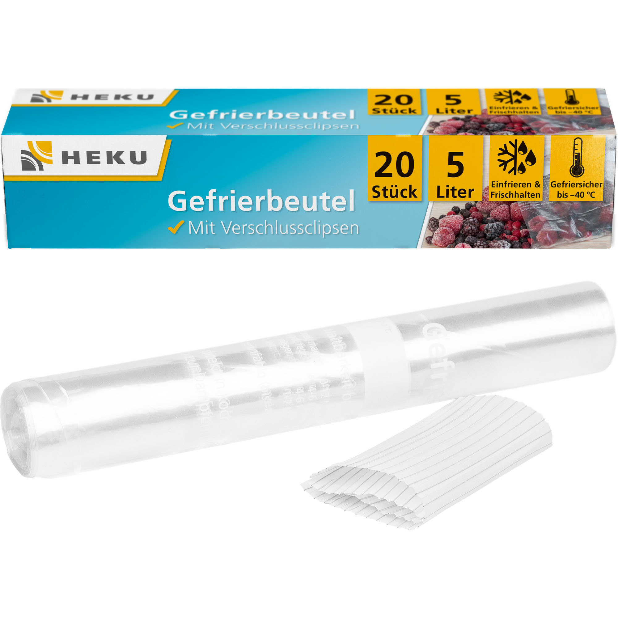 HEKU Gefrierbeutel 5l mit Verschlussclipsen, 20 Stück, 28x40cm