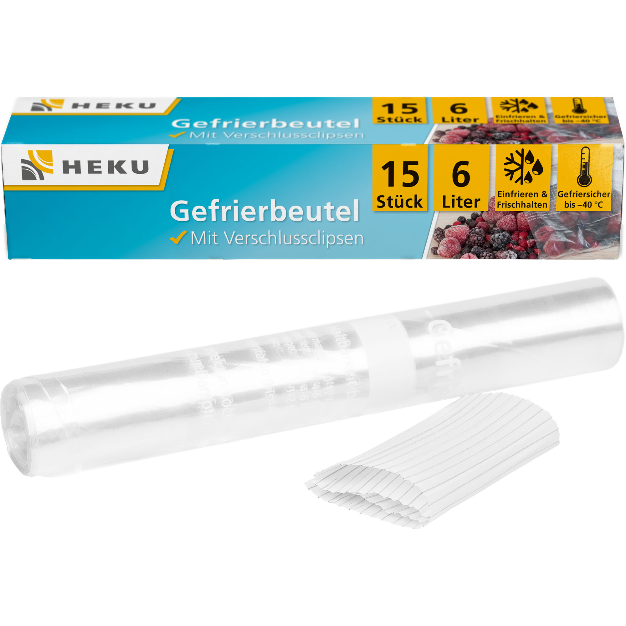 HEKU Gefrierbeutel 6l mit Verschlussclipsen, 15 Stück, 30x46cm