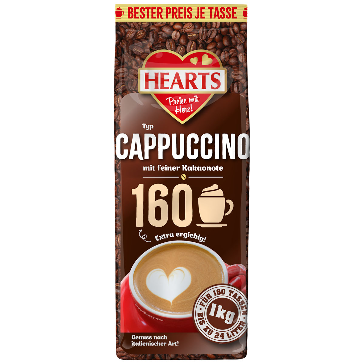 HEARTS Typ Cappuccino mit feiner Kakaonote 160 Tassen 1kg (MHD 02.04.2025)