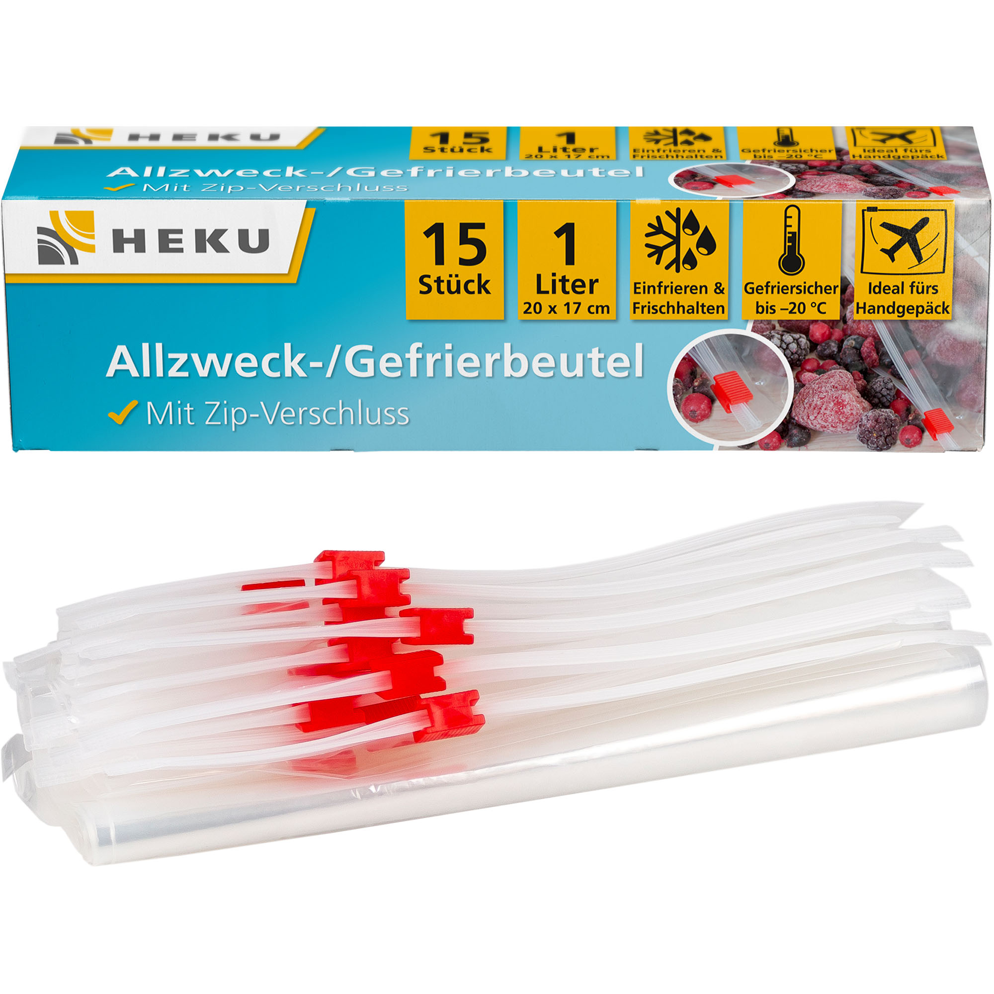 HEKU Allzweck-/Gefrierbeutel 1l mit Zip-Verschluss, 15 Stück, 17x20cm