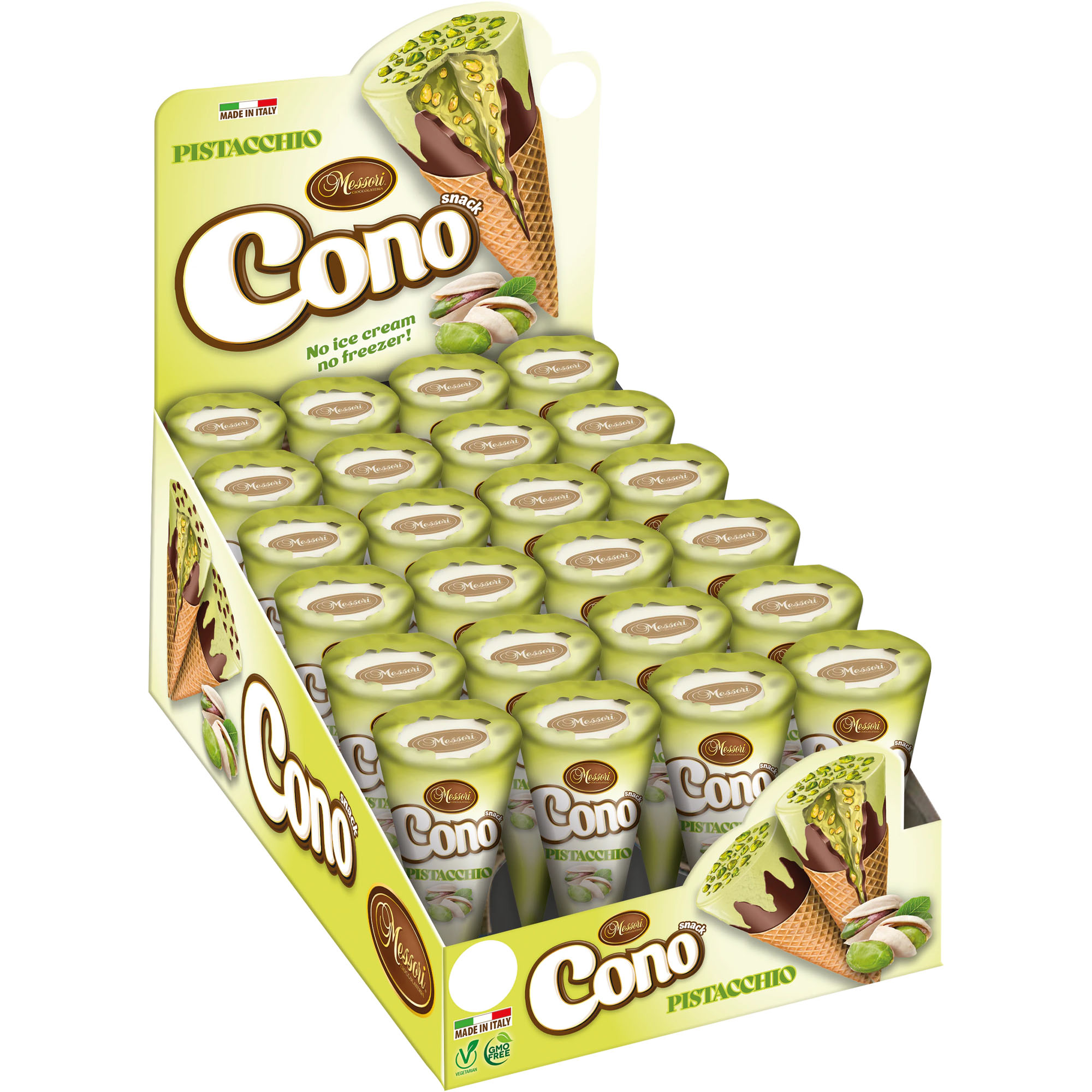 MESSORI Cono Snack Pistacchio, Mini Waffelhörnchen Pistazie 24er-Pack (24x22g)