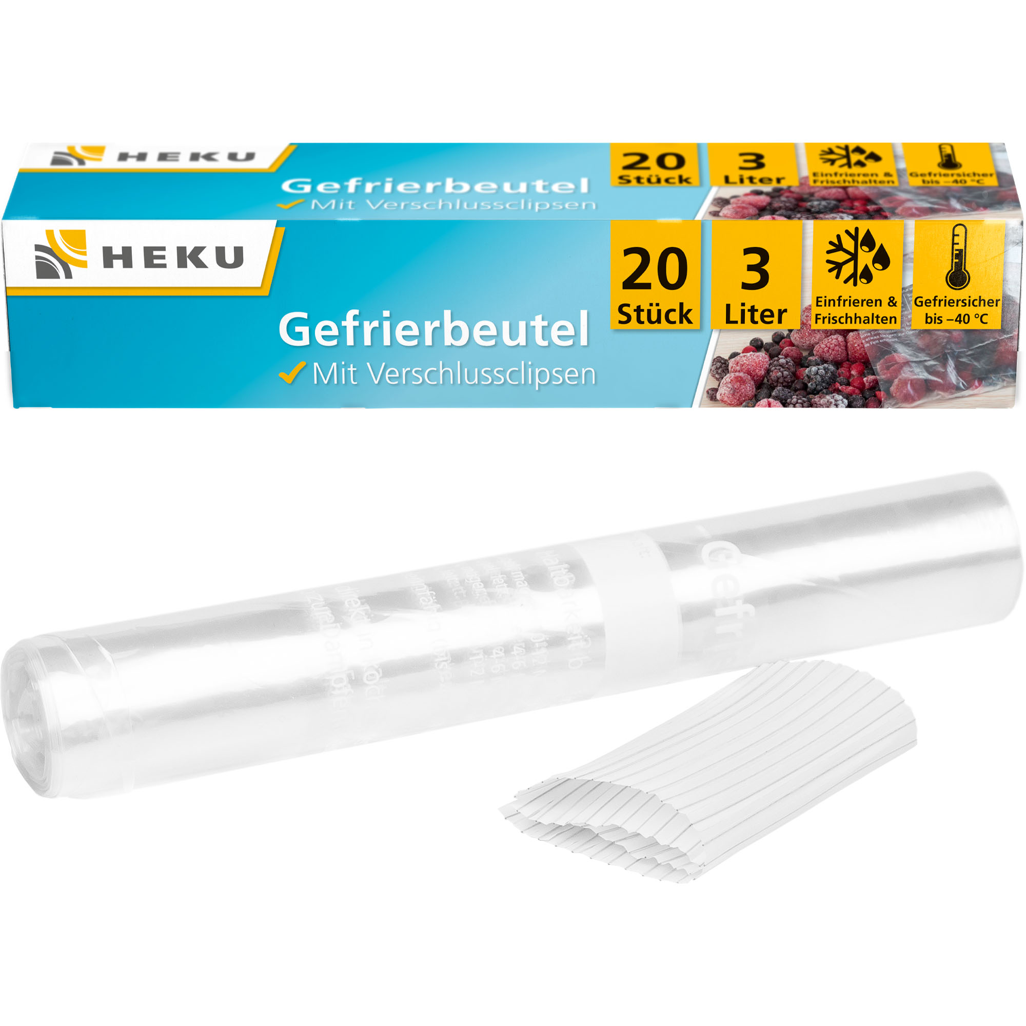 HEKU Gefrierbeutel 3l mit Verschlussclipsen, 20 Stück, 25x32cm