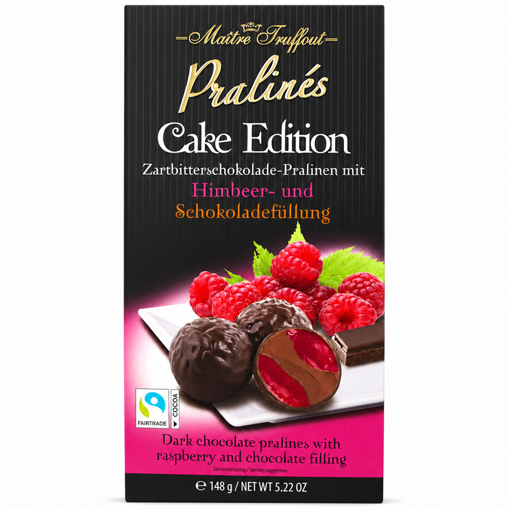 MÂITRE TRUFFOUT Cake Edition Zartbitterschokolade-Pralinen mit Himbeer- und Schokoladefüllung 148g