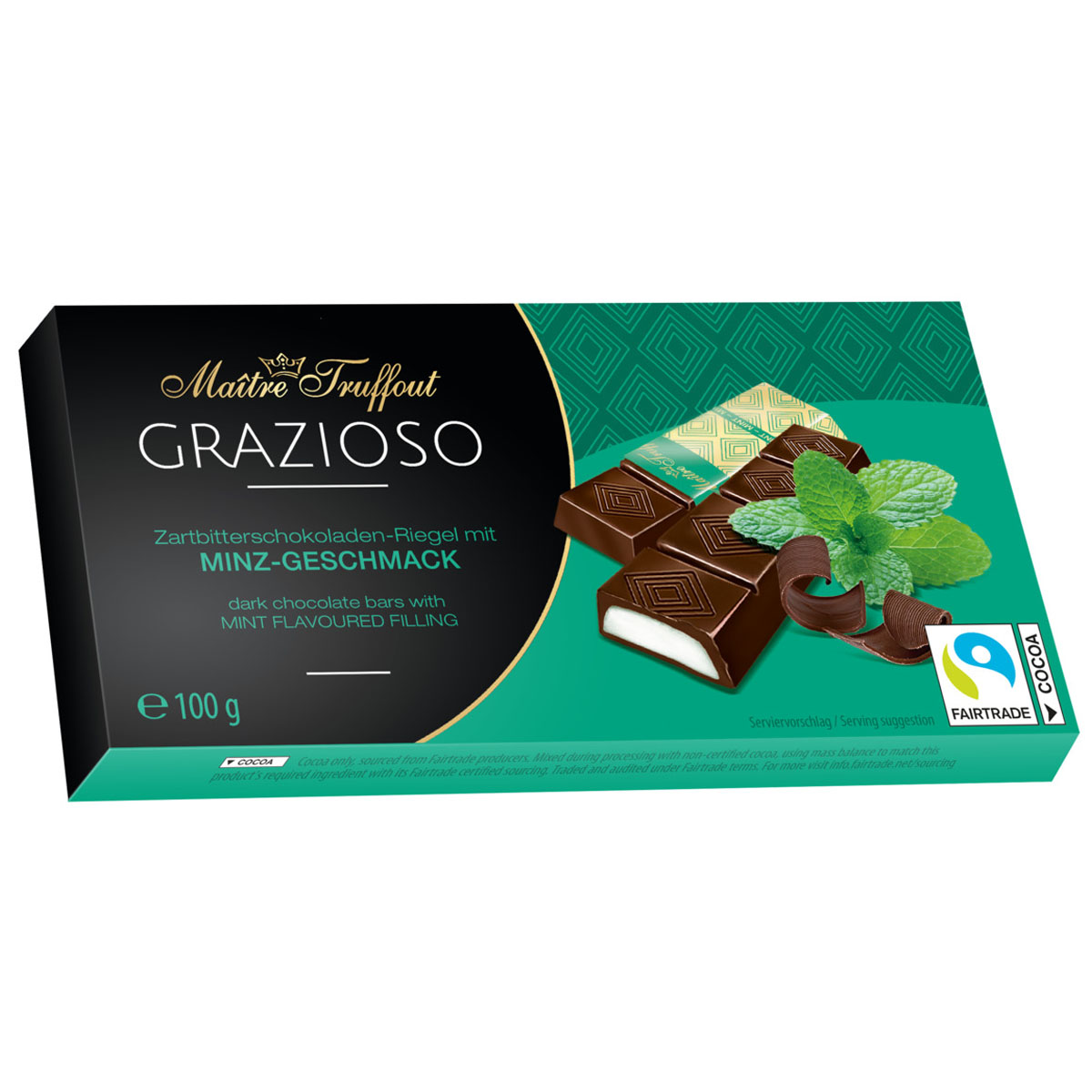 MÂITRE TRUFFOUT Grazioso Zartbitterschokoladen Riegel mit Minz Geschmack 100g