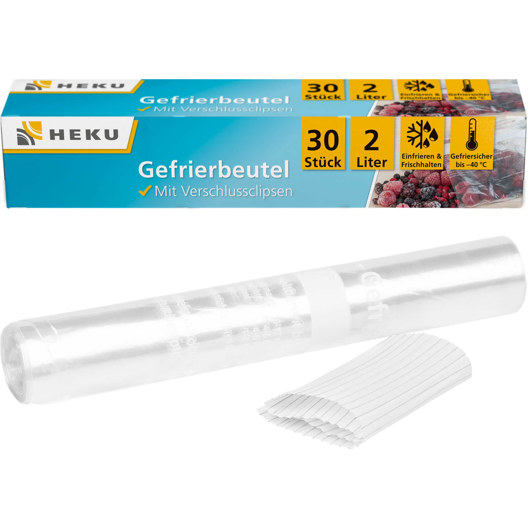 HEKU Gefrierbeutel 2l mit Verschlussclipsen, 30 Stück, 20x30cm