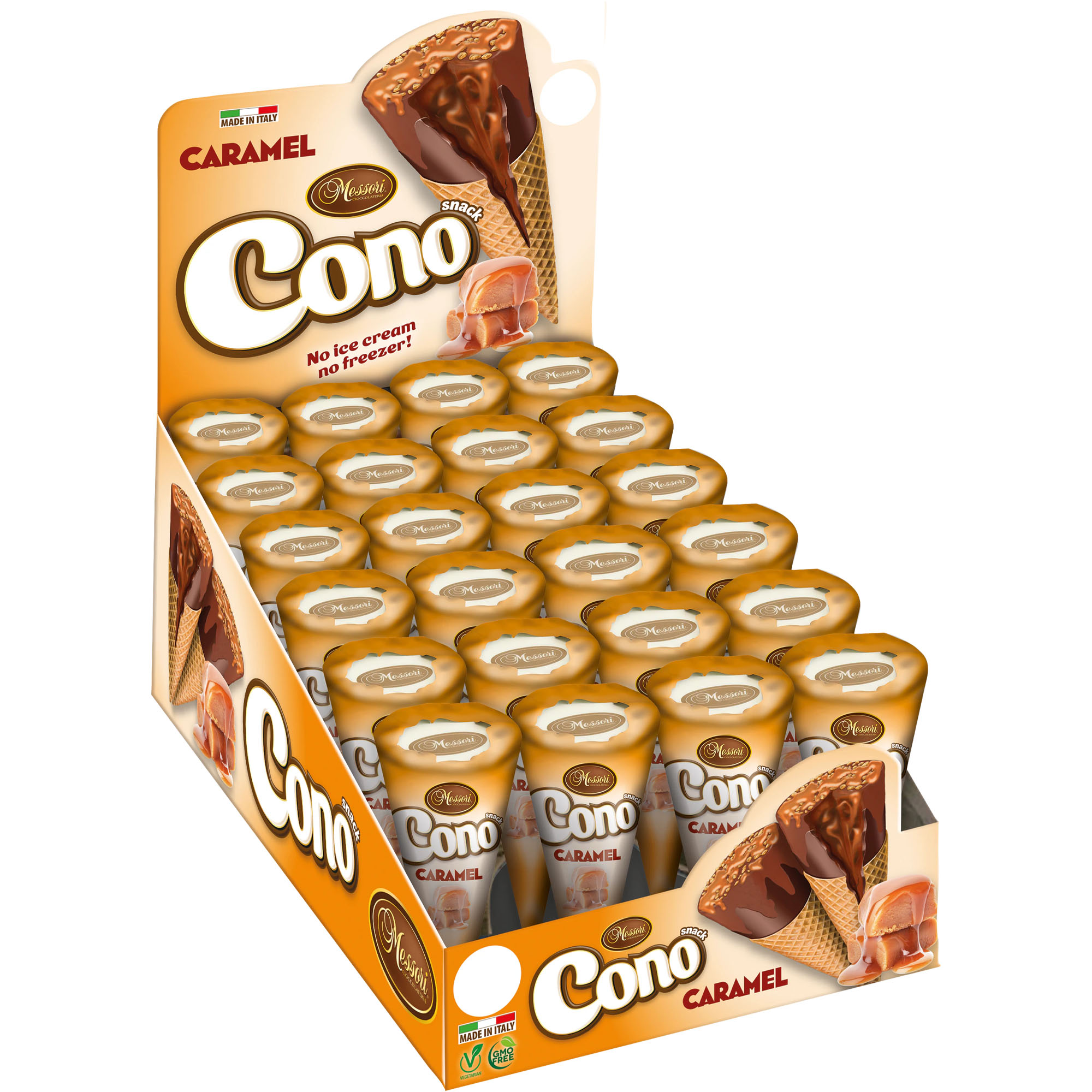 MESSORI Cono Snack Caramel, Mini Waffelhörnchen Karamell 24er-Pack (24x25g)