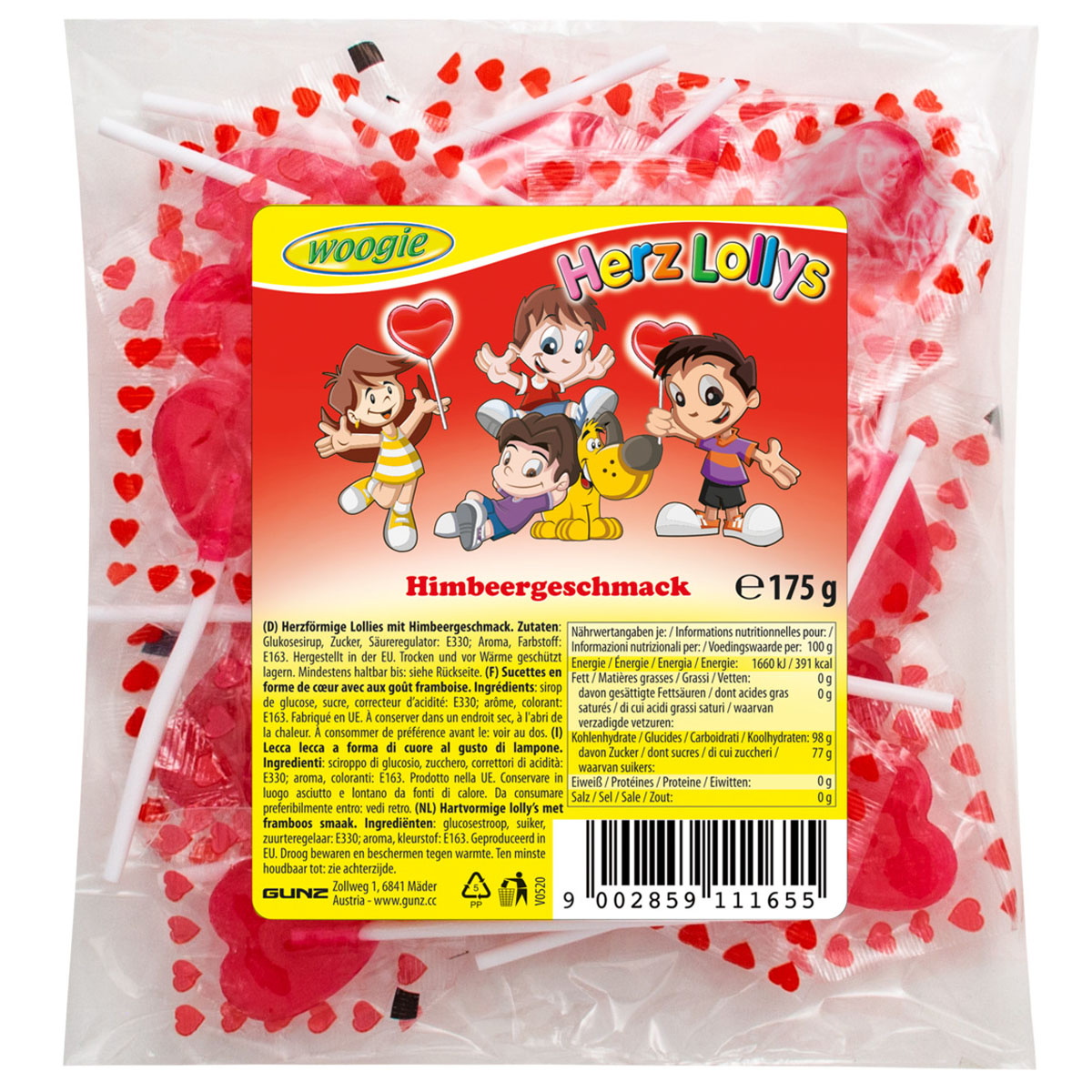 WOOGIE Herz Lollys Himbeergeschmack 175g