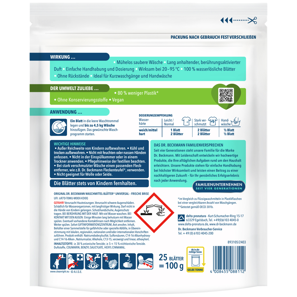 DR. BECKMANN Waschmittel-Blätter Universal 25er-Pack