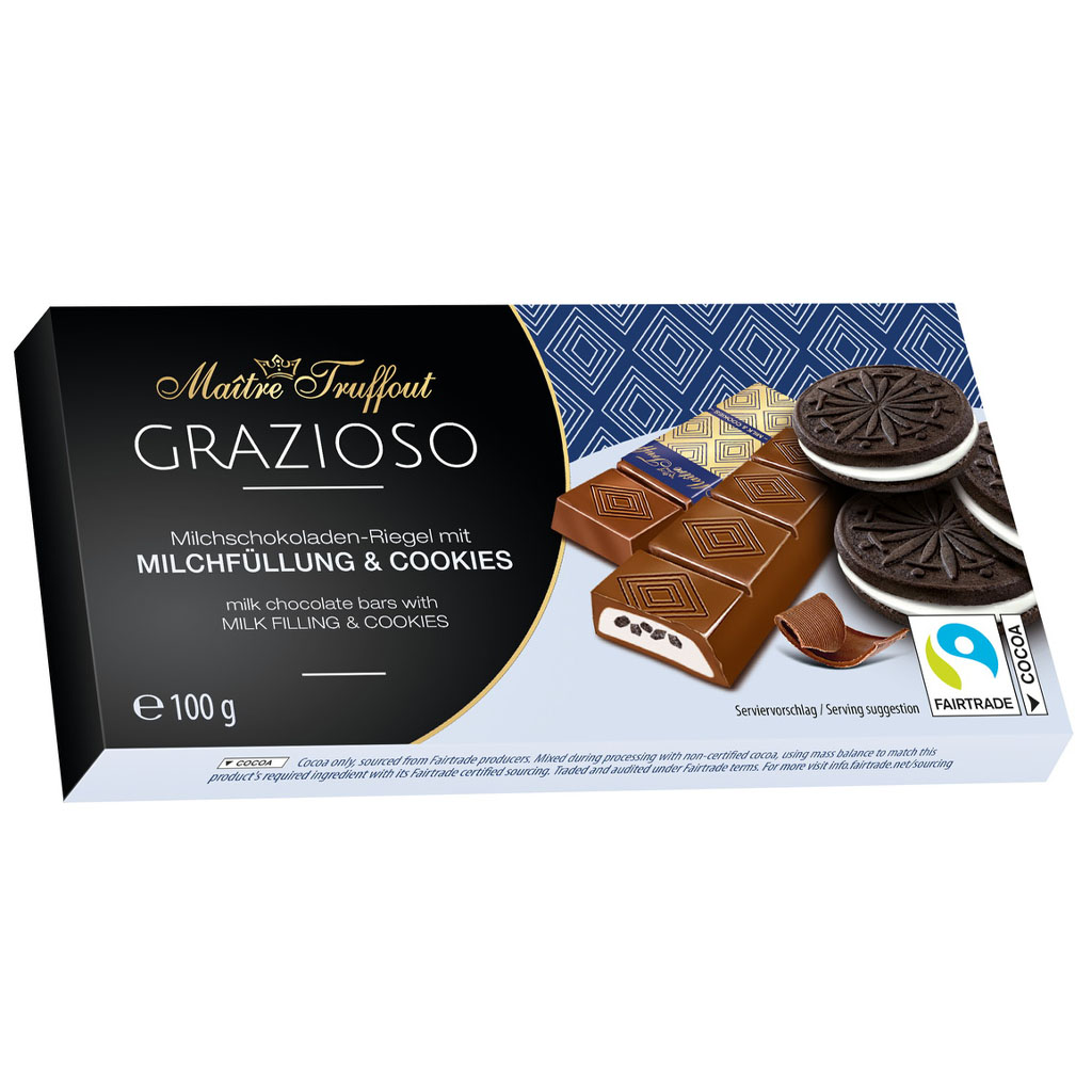 MÂITRE TRUFFOUT Grazioso Milchschokoladenriegel mit Milchfüllung & Cookies 98g