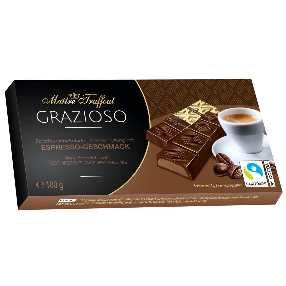 MÂITRE TRUFFOUT Grazioso Zartbitterschokoladen Riegel mit Espresso Geschmack 100g