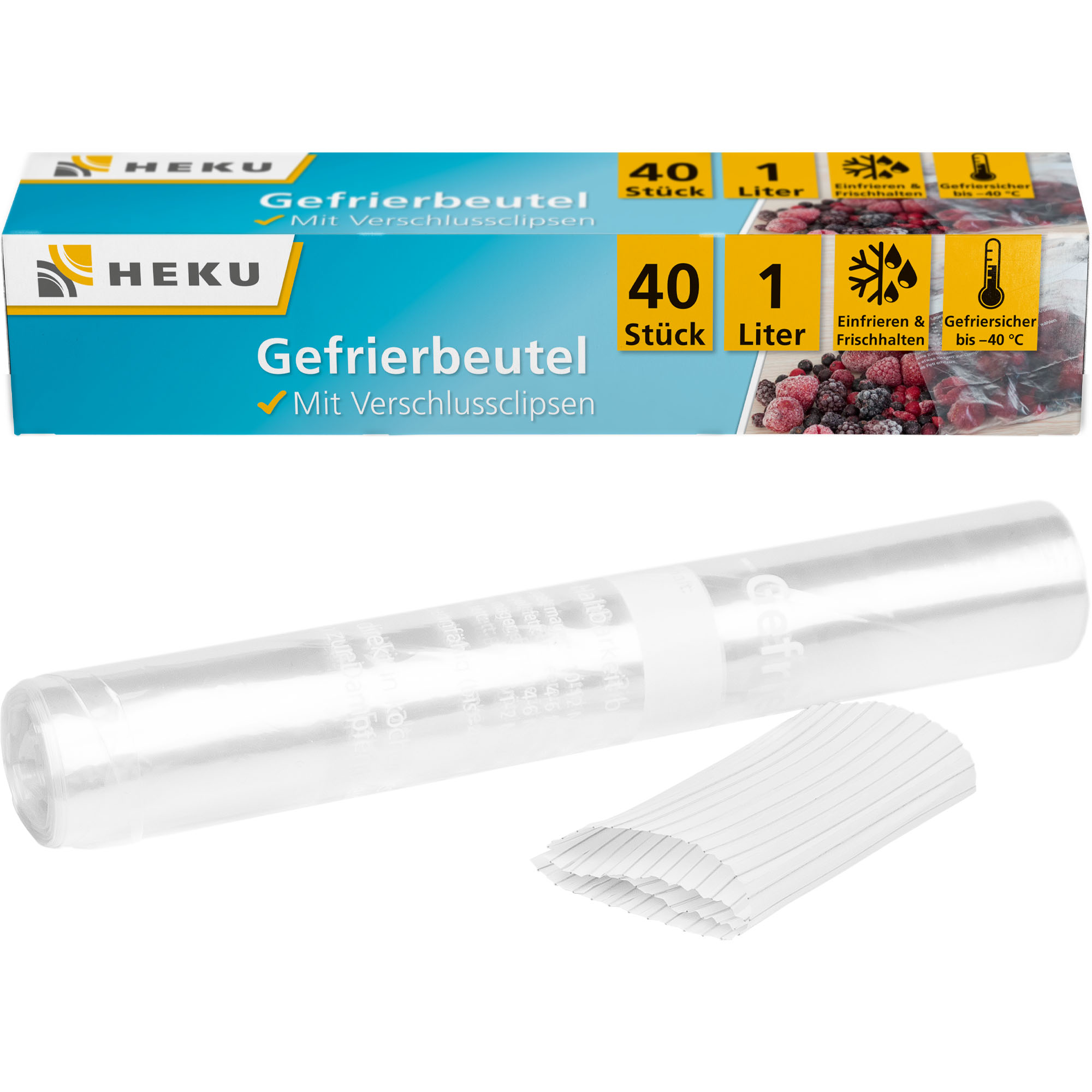 HEKU Gefrierbeutel 1l mit Verschlussclipsen, 40 Stück, 18x26cm