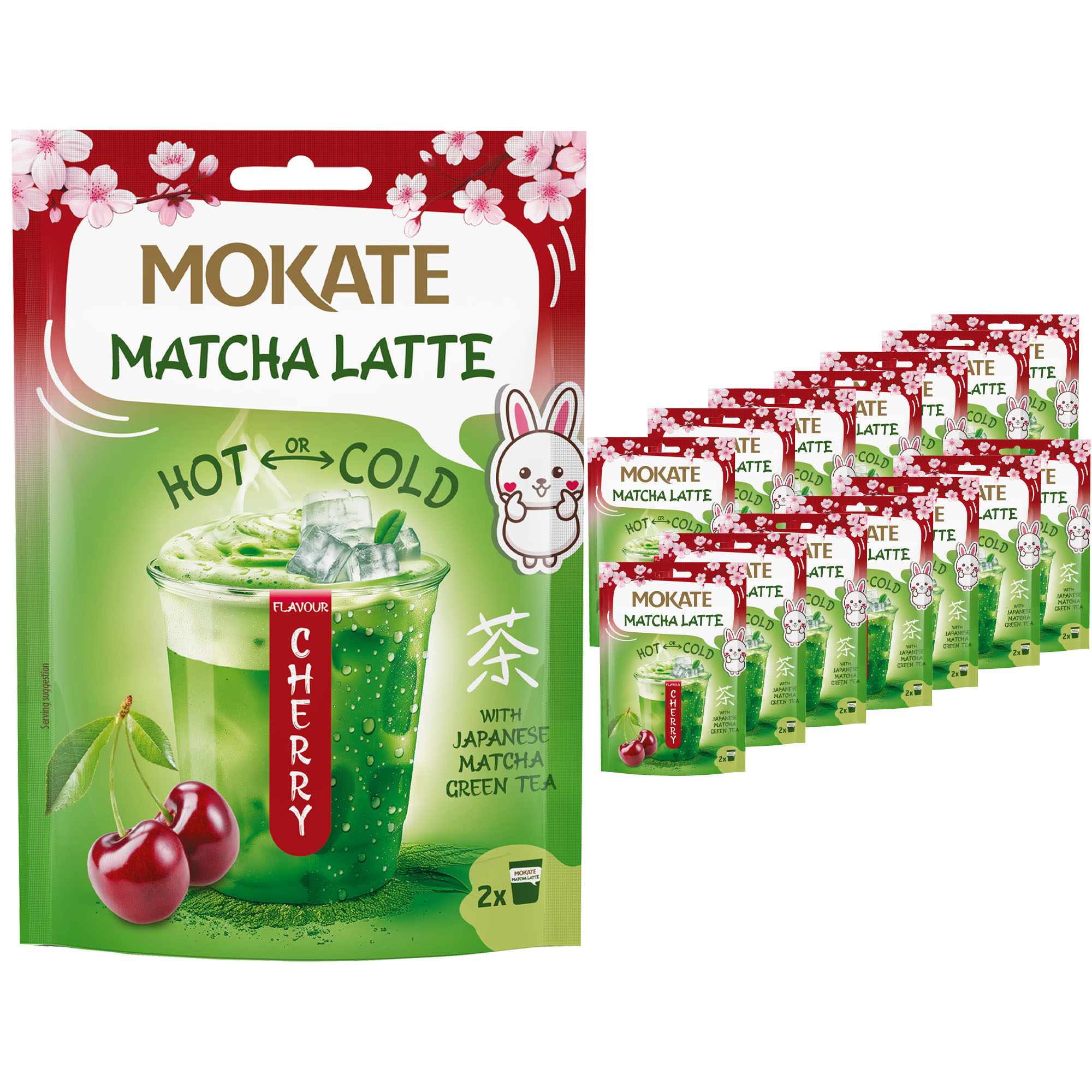 MOKATE Instant Getränkepulver Matcha Latte Cherry Flavour 14er-Pack (14x40g)