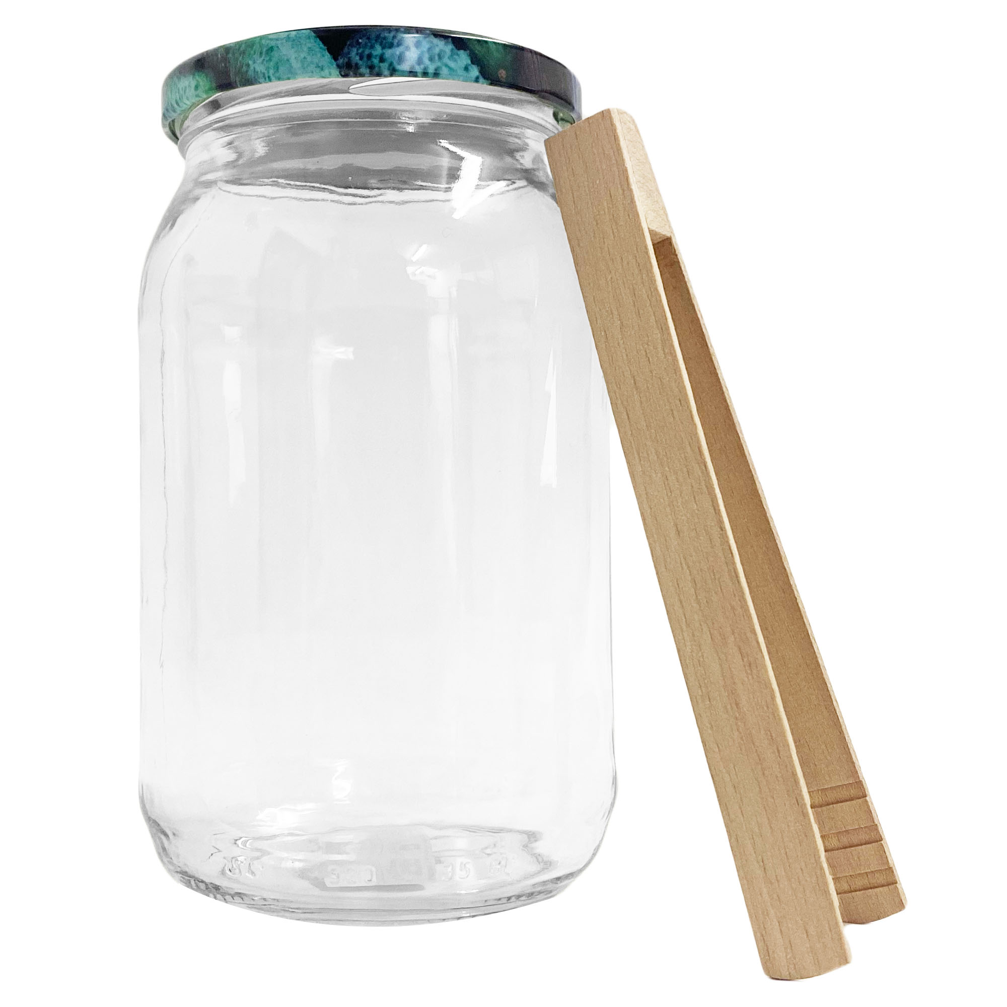 Einmachglas 900ml mit Schraubdeckel und Holz-Servierzange